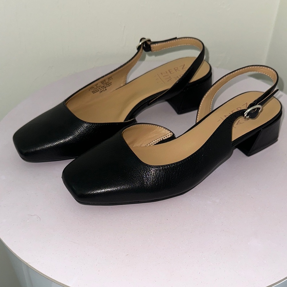 Naturalizer Black Leather Slingback Square Toe Low Block Heel Mules - Picture 3 of 7